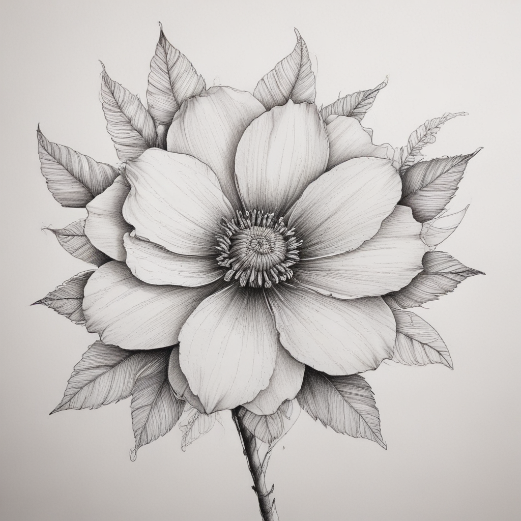 Intricate Black and White Illustration of a Beautiful Blooming Flower