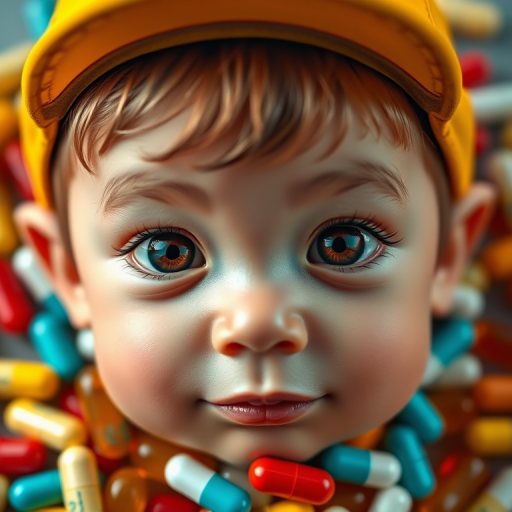 Generate a close-up portrait of a cartoonish child with a yellow cap, surrounded by colorful pills and capsules, using a Canon EOS R5 camera with an aperture of f/1.8, ISO 100, and a focal length of 50mm to enhance image quality and depth of field.