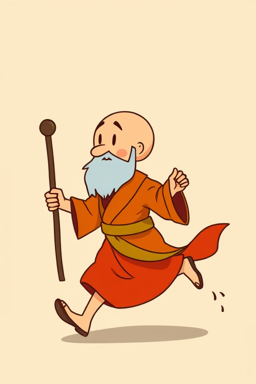 Generate an image of a stylized monk running with a staff, featuring a simple and colorful design, captured with a 50mm lens, aperture f/2.8, ISO 100, in a vibrant cartoon style, using a digital camera.