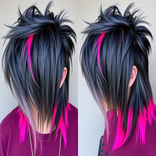 Charcoal grey mullet with neon pink tips, called "Punk Rock Twilight," featuring a grungy texture and an edgy contrast between dark and vibrant tones