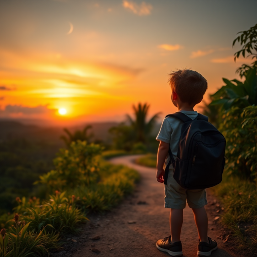 A young boy with a backpack stands on a winding path surrounded by lush greenery, looking up at a vibrant sunset with soft clouds and a crescent moon in the sky, captured with a Canon EOS R5, 50mm lens, f/1.8 aperture, ISO 200, and 1/200s shutter speed, using a warm color palette for a whimsical and nostalgic atmosphere.