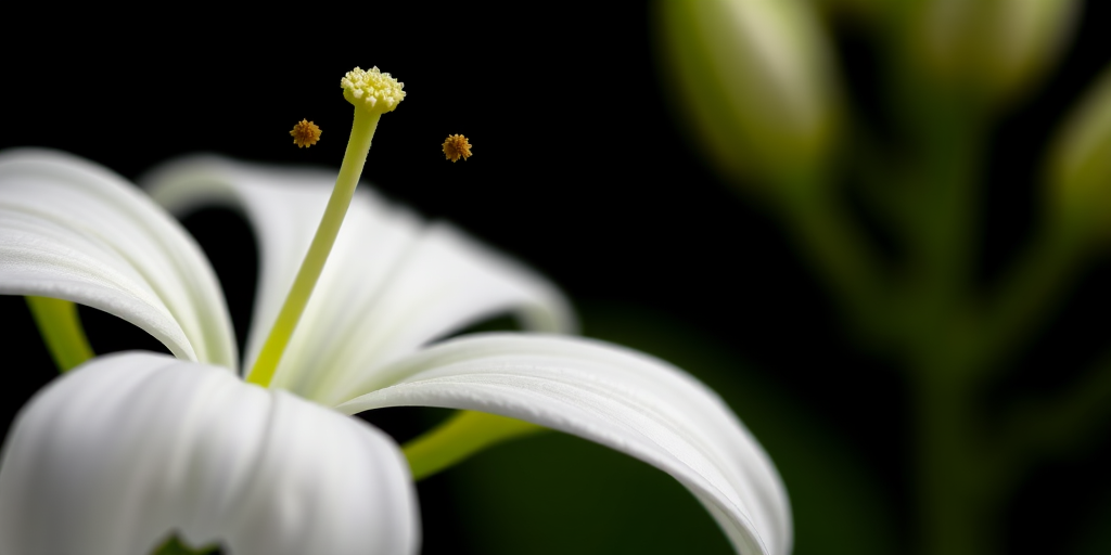 Close-up shot of a white flower with green accents on a black background, using a macro lens, aperture f/2.8, ISO 100, shutter speed 1/200 sec, Canon DSLR camera, soft diffused lighting for enhanced detail and clarity.