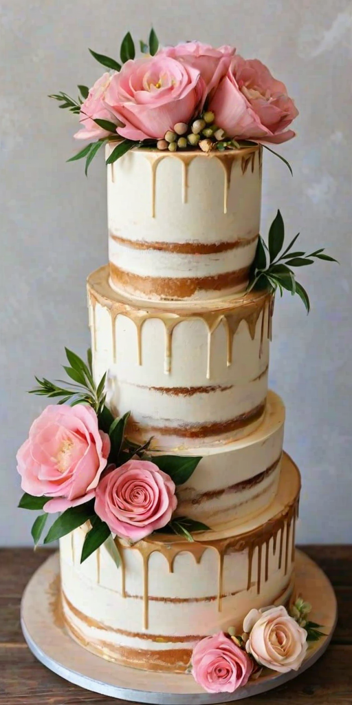 Create an image of a three-tiered cake with a semi-naked design. The cake should have a warm, golden color and be adorned with delicate pink frosting decorations. Add fresh flowers in soft colors, such as pink and cream, along with green foliage for a touch of elegance. The cake should be displayed on a simple white cake stand against a rustic background.