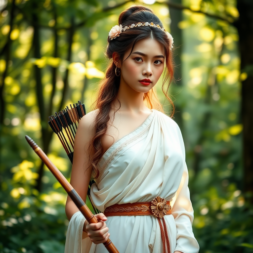 Create a portrait of a goddess-like Tibetan girl figure in a tranquil, forested environment. She has an elegant appearance with long, wavy hair styled in an updo and adorned with a delicate, floral headband. She wears a flowing, ancient Greek-inspired gown in a soft, pale color, featuring a one-shoulder design and draped fabric that accentuates her graceful form. The outfit includes a decorative belt with ornate gold detailing, and she holds a bow in her hand, with a quiver of arrows slung over her shoulder. The background depicts lush greenery, with sunlight filtering through the trees, casting a gentle, ethereal light on the scene. Her expression is calm and contemplative, embodying a sense of wisdom and serenity.