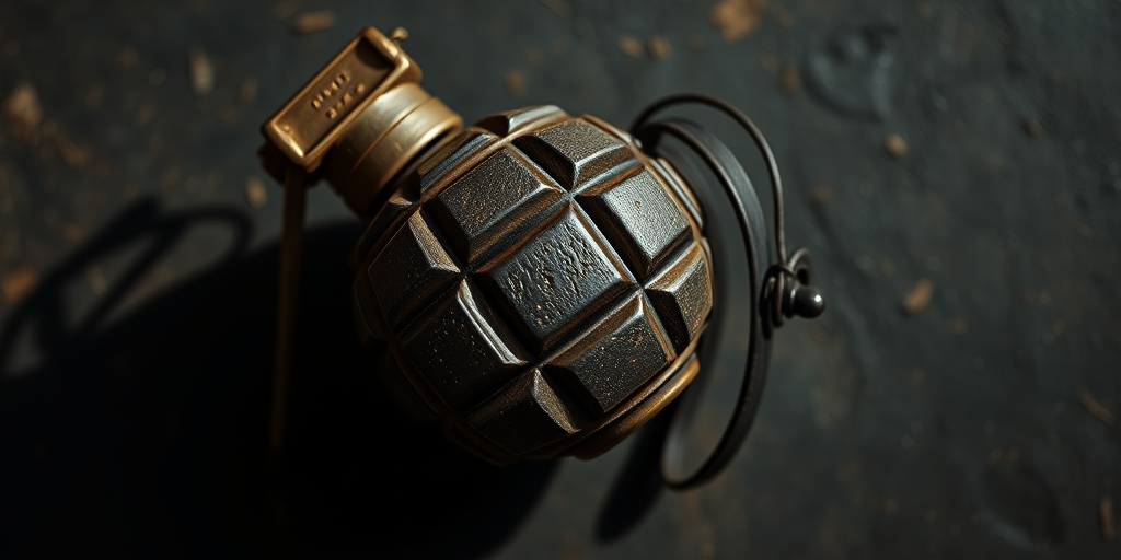 Create a high-resolution image of a vintage hand grenade with a matte finish, focus on detailing the texture and shadows, shot with a Canon EOS R5 at f/2.8, ISO 100, 50mm lens, and a 45-degree angle overhead view to emphasize the contours and design.
