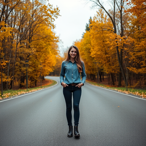 A young woman standing in the middle of a winding road surrounded by autumn trees, shot with a DSLR camera at f/4 aperture, ISO 100, 50mm lens, wide-angle perspective, natural lighting, high-resolution sharp focus.