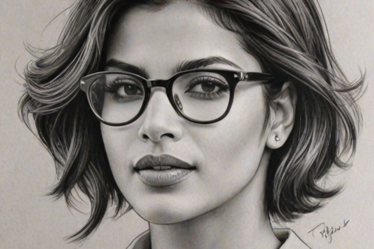 Captivating Priyanka Chopra, pencil sketch, portrait of Resplendent woman 1931s in glasses, hair style beatnik, outline, clear lines, fine lines, 8k