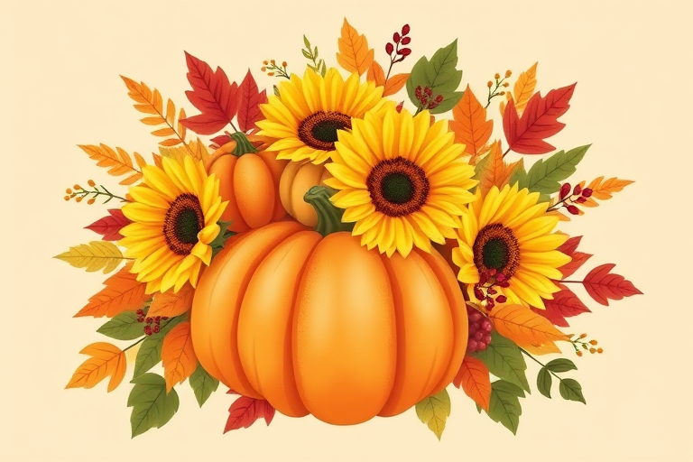 Create an illustration of a vibrant fall arrangement featuring bright orange pumpkins, large yellow sunflowers, and colorful autumn leaves in shades of red and orange. Include clusters of berries and green leaves, all set against a soft beige background to enhance the warm, seasonal feel.