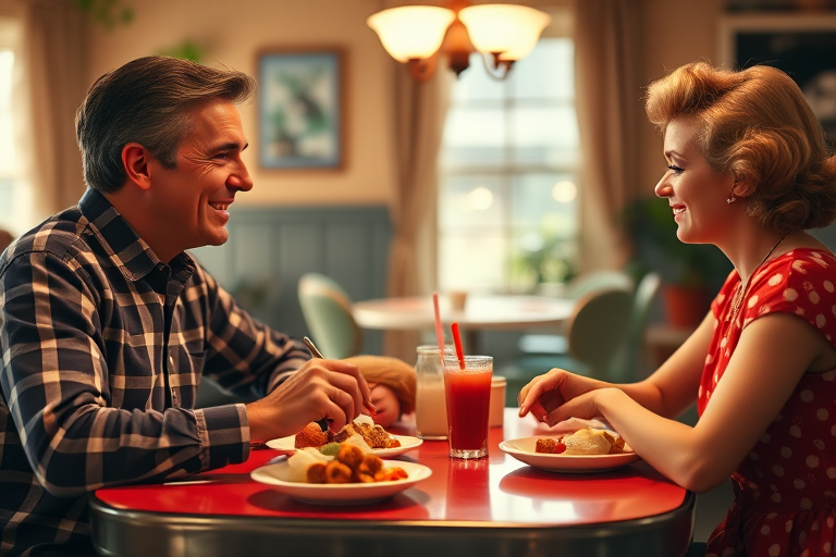 A retro 1950s couple enjoying a meal at a cheerful dining table, rich colors, vivid details, soft natural lighting, shallow depth of field, 50mm lens, f/2.8 aperture, DSLR camera, high-resolution imagery, warm tones.