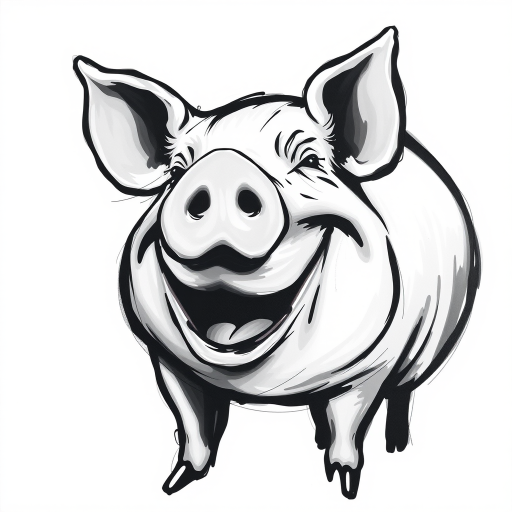 Abstract black and white acrylic portrait of an over exaggerated laughing (pig). Minimalism style. White background.