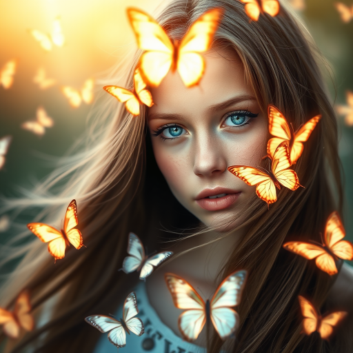 portrait of a young woman with flowing hair and bright blue eyes surrounded by glowing butterflies, soft ethereal background, high resolution, 50mm lens, f/1.8 aperture, shallow depth of field, natural lighting, DSLR camera