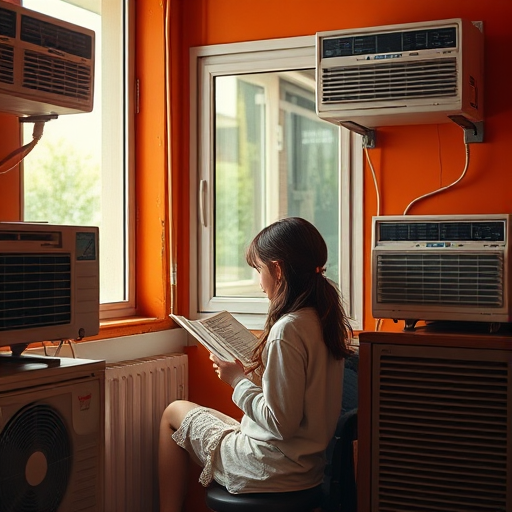 Regenerate a cozy indoor scene of a girl reading by a window with orange walls, surrounded by vintage air conditioning units, using a DSLR camera with a 50mm lens, f/1.8 aperture, ISO 100, natural light, and a warm color palette for enhanced image quality.