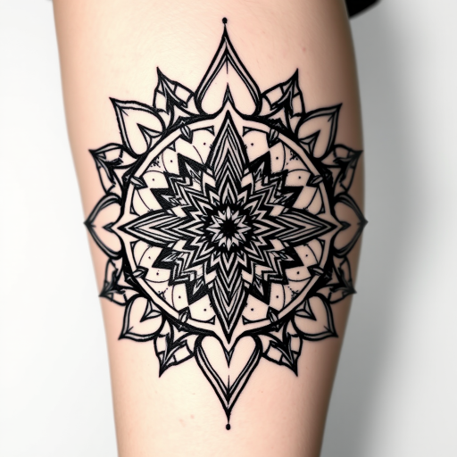 Geometric blackwork tattoo called "Sacred Geometry" incorporating intricate mandala patterns with sharp angles and bold lines forming a mesmerizing optical illusion across the skin