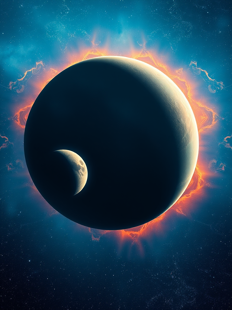 Generate a cosmic scene featuring a large planet and a smaller moon near a black hole with vibrant blue and starry backgrounds, captured with a Canon EOS R5, 24mm lens, f/2.8 aperture, ISO 800, shutter speed 1/250s, in a wide-angle view for enhanced depth and detail.