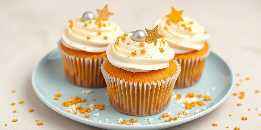 Three beautifully decorated cupcakes with swirls of white frosting topped with golden star sprinkles and silver balls on a light blue plate surrounded by scattered sprinkles. The background is soft and neutral.