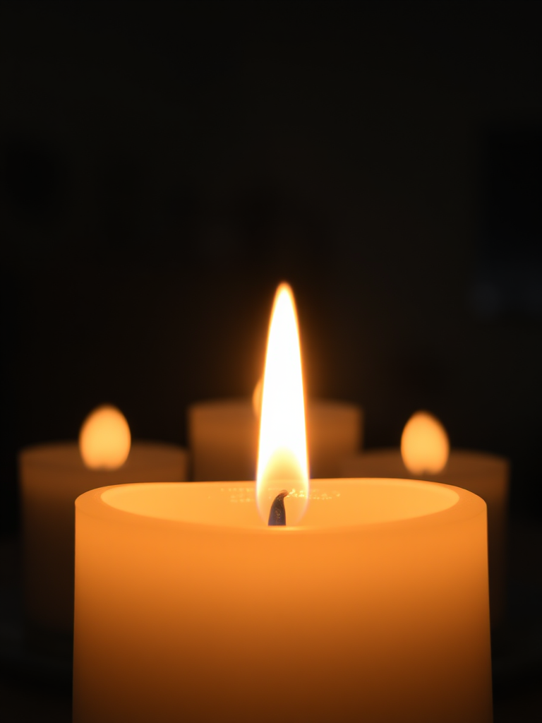 Capture a close-up of a burning white candle in a dimly lit room, using a DSLR camera, 50mm lens, aperture set to f/1.8, ISO 200, with a shallow depth of field to create a soft background blur.