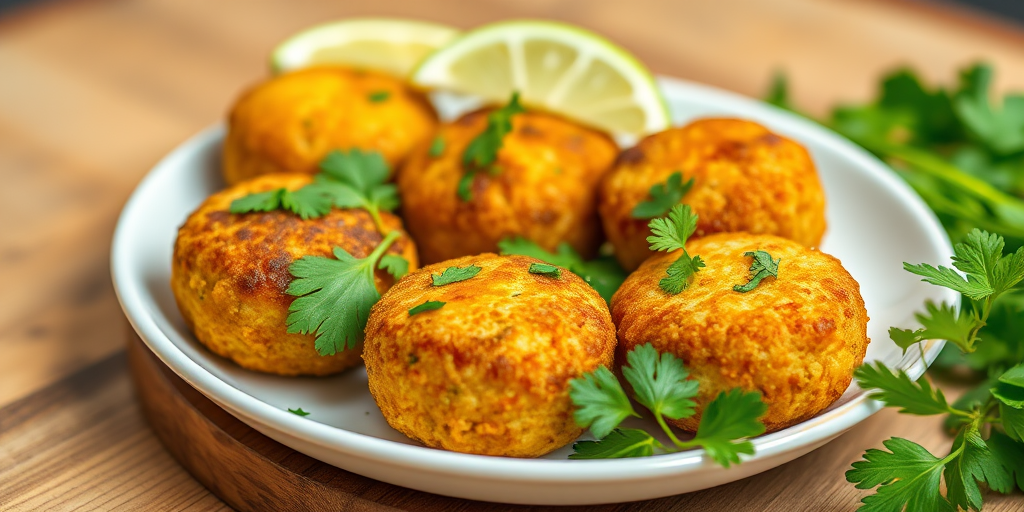 high-quality food photography of a plate with five golden-brown croquettes garnished with fresh cilantro and lime wedges, shallow depth of field, natural lighting, ISO 100, f/2.8, 50mm lens, DSLR camera