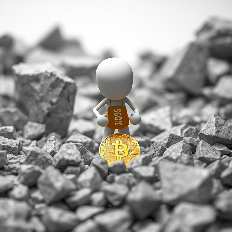 3D render of a stick figure mining for a Bitcoin in gray rocks, front view, soft focus, ISO 200, f/8, shutter speed 1/200 sec, studio lighting, high dynamic range.