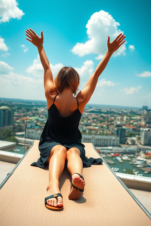 Regenerate an image of a woman lounging on a sunbed with her arms raised, wearing a black dress and sandals, overlooking a cityscape under a blue sky with fluffy clouds, taken with a Canon EOS R5, 50mm lens, aperture f/2.8, ISO 100, natural lighting to enhance colors and details.