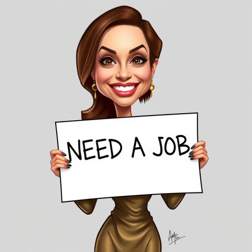 caricature of a smiling Angelina Jolie in a Brass dress or suit, holding up a sign that says "NEED A JOB", no watermark,