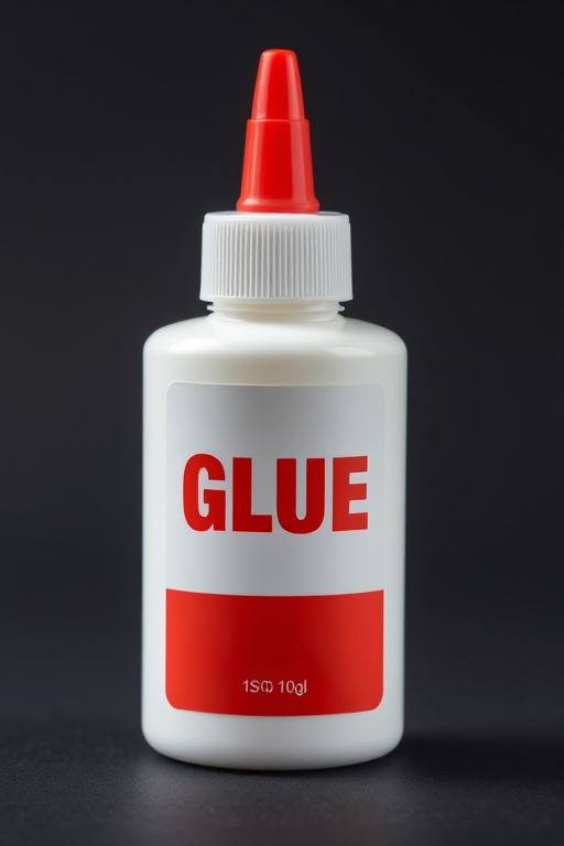 Create a high-resolution image of a white bottle of glue with a red cap and bold text "GLUE" on the front, with a clean background, shot in macro mode, ISO 100, aperture f/2.8, 50mm lens, soft lighting.