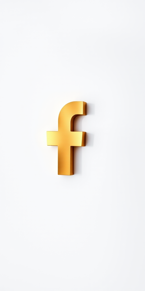 Create a high-resolution image of a shiny gold Facebook logo on a white background, using a DSLR camera with an aperture of f/2.8, ISO 100, and a 50mm lens, shot in a soft natural light setting for enhanced clarity and detail.