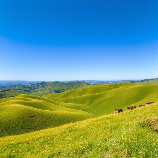 Generate a high-resolution image of a serene landscape with rolling hills, lush green grass, and a clear blue sky, using a Canon EOS 5D Mark IV, 50mm lens, f/8 aperture, 1/250s shutter speed, ISO 100, with a wide-angle view to capture the expansive scenery and enhance vibrancy.