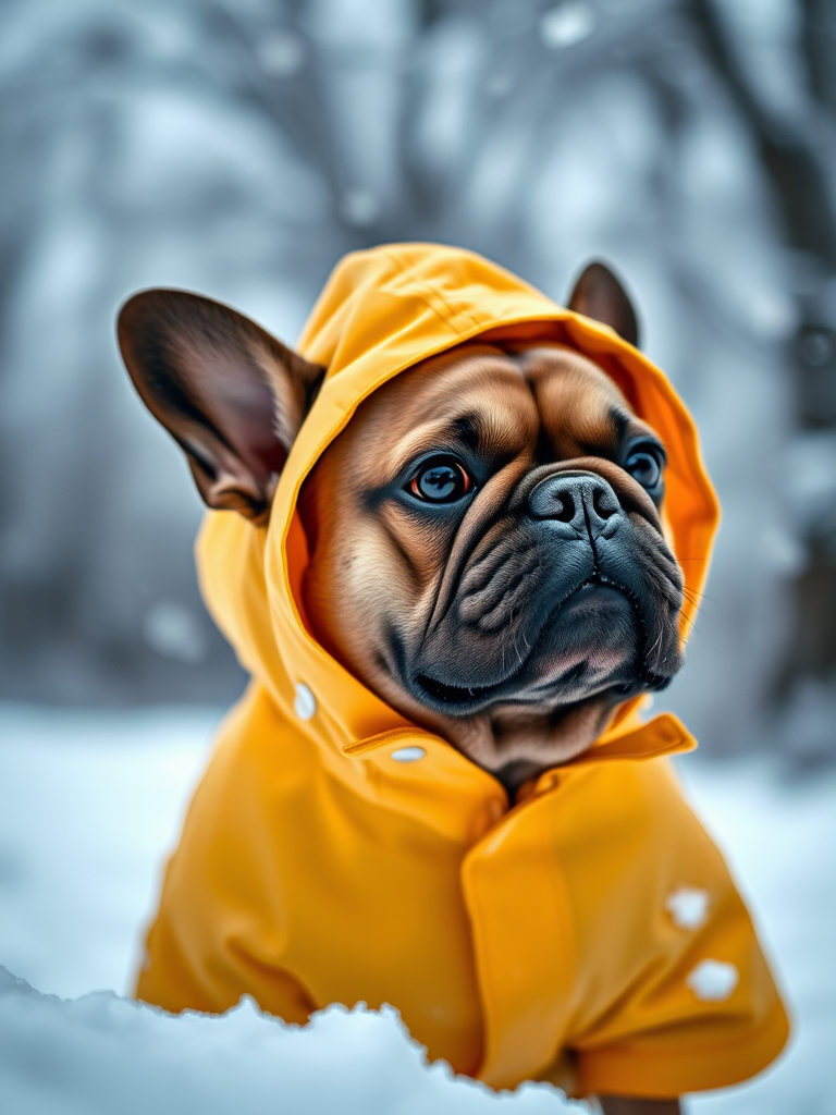 Capture a portrait of a French Bulldog wearing a yellow raincoat in a snowy landscape, using a Canon EOS R5 with a 50mm f/1.2 lens at ISO 200, aperture f/2.8, and shutter speed 1/200 sec, with a shallow depth of field and soft lighting to enhance texture and detail.