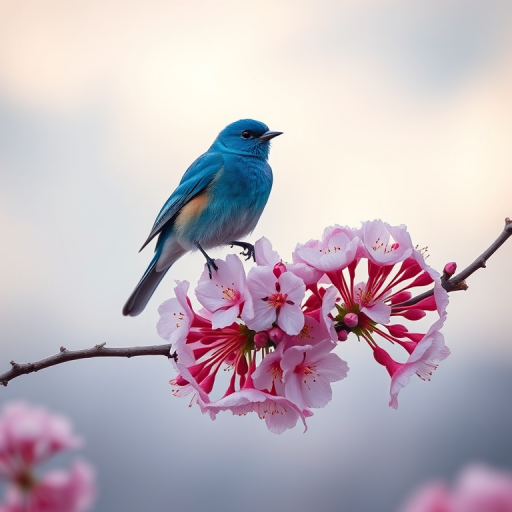 Blue bird perched on a branch with blooming cherry blossoms against a soft, cloudy sky, captured with a Canon EOS 5D Mark IV, 85mm lens, f/2.8 aperture, ISO 100, natural light for vibrant colors and sharp details.