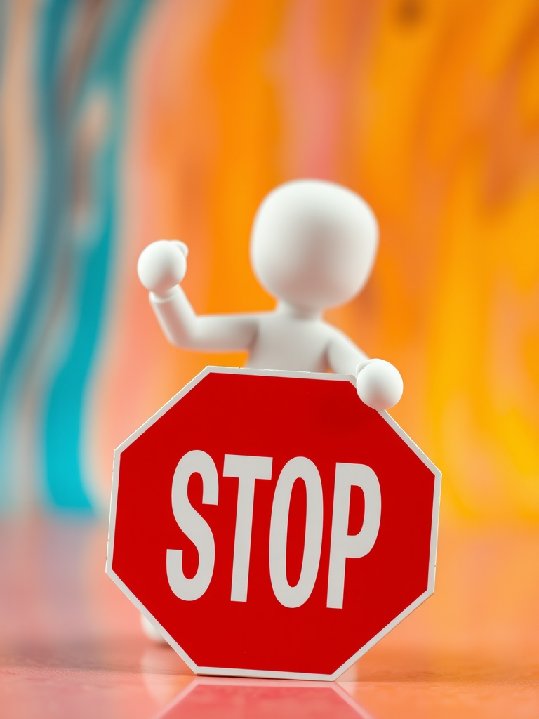Create an image of a 3D white stick figure holding a red octagonal STOP sign, focus on a clean and vibrant background, use a 50mm lens, f/8 aperture, ISO 200, with a clear depth of field and soft lighting, shot from eye level with a slight perspective to emphasize the figure.