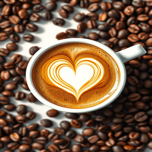 Create a detailed illustration of a cup of coffee with a heart latte art design surrounded by coffee beans, high-resolution, shot with a DSLR camera at f/2.8 aperture, 50mm lens, top-down view, natural lighting.