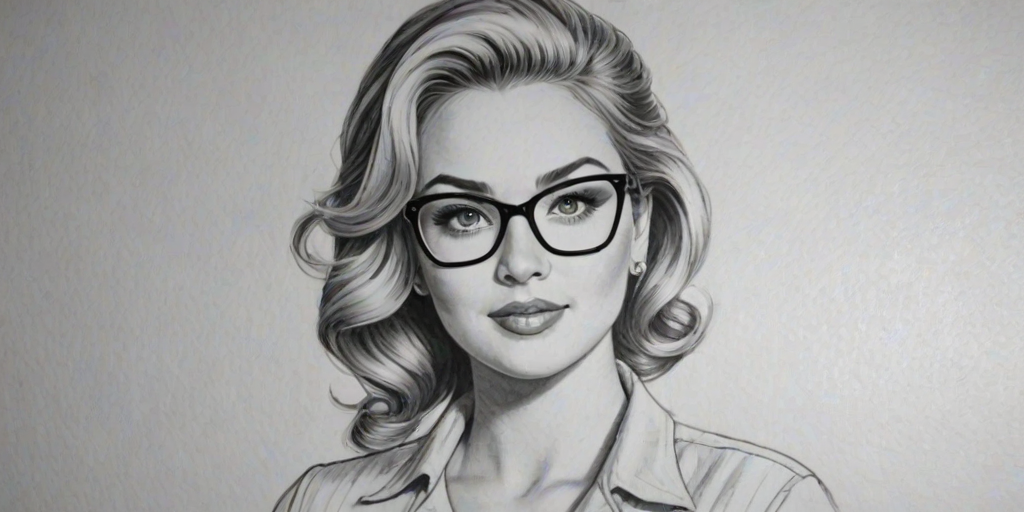 Dazzling Tiffany Thornton, pencil sketch, portrait of Superb woman 1954s in glasses, hair style beatnik, outline, clear lines, fine lines, 8k