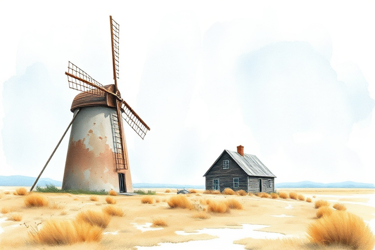 A watercolor illustration of a desolate landscape featuring an old windmill next to two weathered houses, set against a soft blue sky, captured with a Canon EOS R5, 50mm lens, f/8, ISO 100, natural light, shallow depth of field, and a vibrant palette to enhance texture and details.