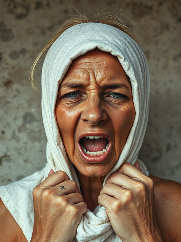 Create a close-up photographic image of a Aboriginal Australian woman with light skin tones shown against an old, worn wall. Their head is wrapped in a white cloth covering (i.e.... parts of the head except the nose and mouth, which are open as if they are screaming...), with a slight texture and visible folds in the fabric. Thin strands of blonde hair escape from the wrapping above, falling lightly at the top and sides. Their hands hold the fabric as if they are tugging nervously. The lighting is dramatic and even, casting strong shadows. The image has a minimalist and surreal style with an emphasis on simplicity with soft color tones. The composition is centered.
