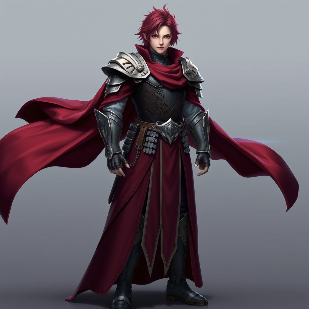 Generate a high-resolution image of a character in a flowing maroon coat and intricate armored outfit, standing confidently, shot with a DSLR camera at f/2.8 aperture, 50mm lens, 1/125 sec shutter speed, in a well-lit studio setting, emphasizing sharp details and vibrant colors.