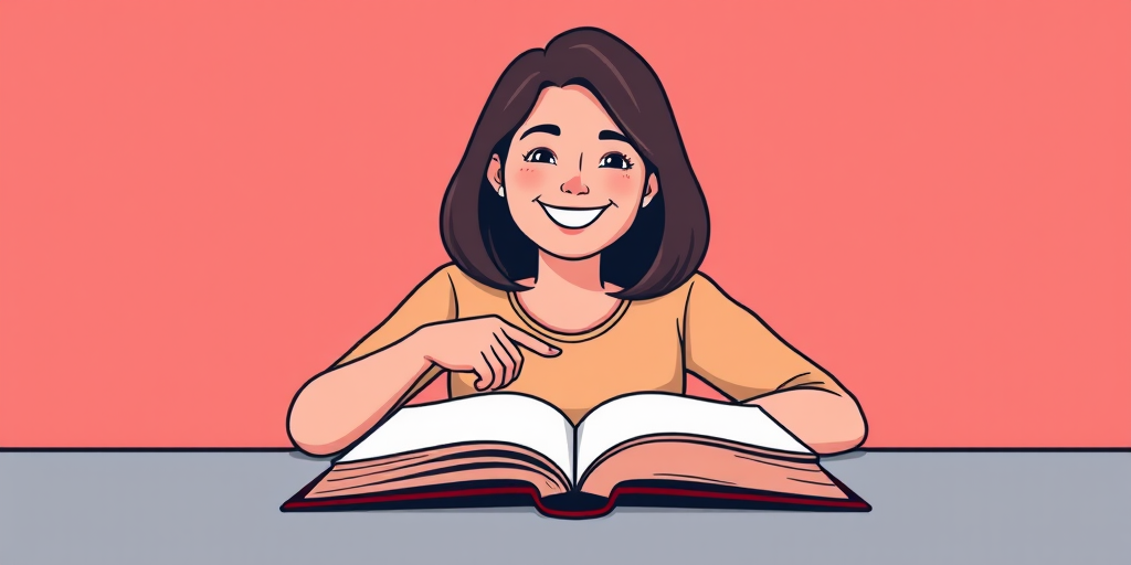 create a vector illustration of a smiling person with shoulder-length hair sitting at a table pointing at an open book, use a flat design style with clean lines and minimal detail, camera view: front view, camera type: digital illustration, camera settings: high resolution, vibrant colors, and balanced contrast