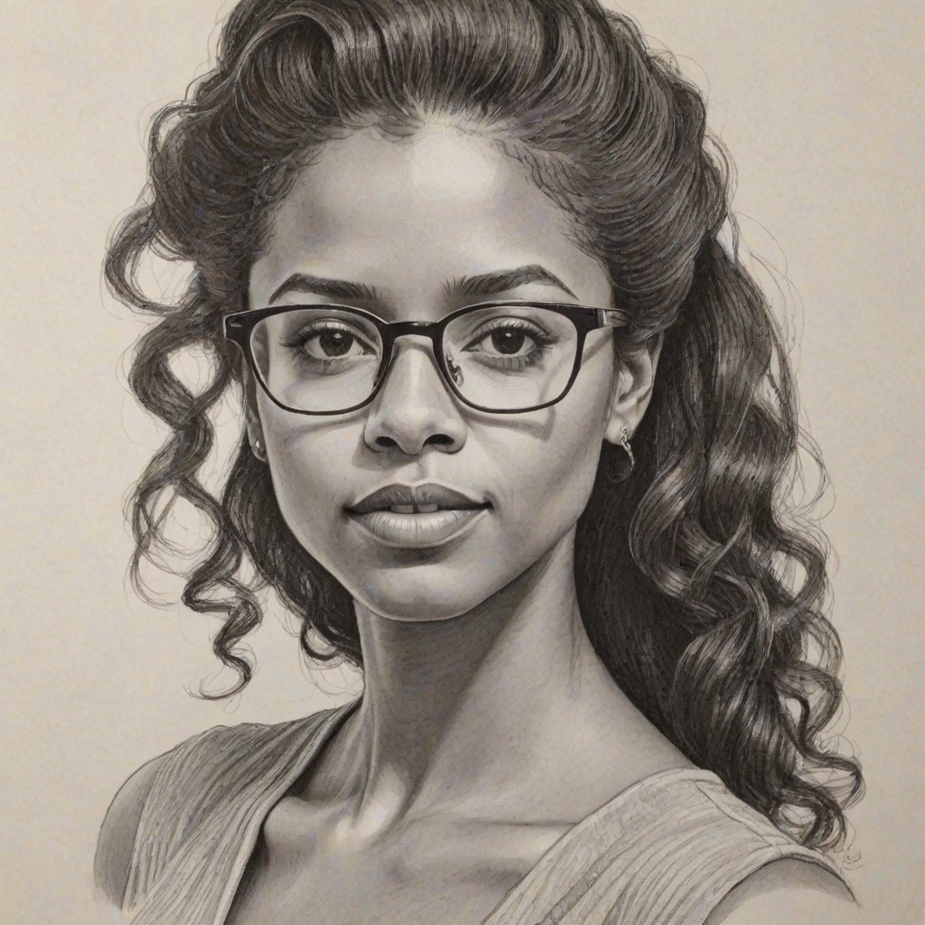 Elegant Ren'e Elise Goldsberry, pencil sketch, portrait of Fetching woman 1979s in glasses, hair style beatnik, outline, clear lines, fine lines, 8k
