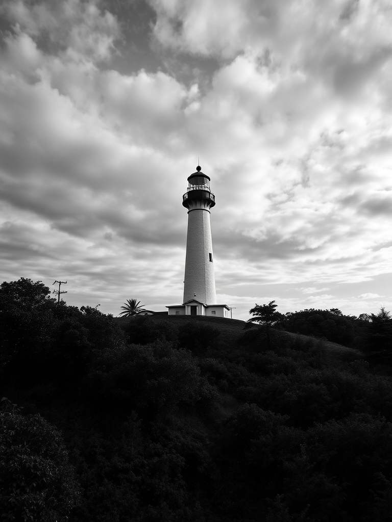 a black and white photograph of a tall lighthouse on a hill surrounded by lush greenery under a dramatic cloudy sky, shot in RAW format with a Canon EOS 5D Mark IV, 50mm lens, f/8 aperture, ISO 100, and a shutter speed of 1/200 seconds, capturing a wide-angle view for enhanced depth and detail