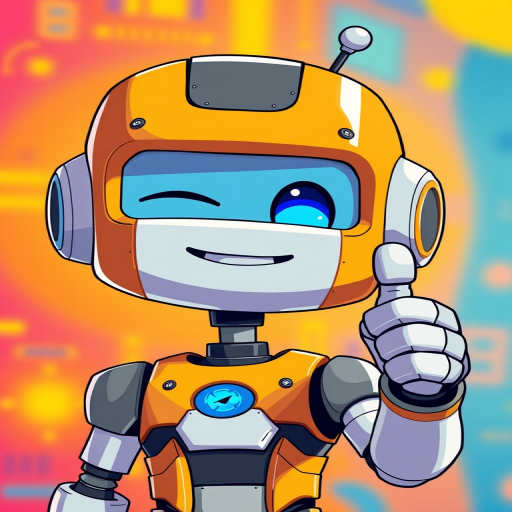 Create a vibrant cartoon-style image of a friendly humanoid robot with a playful expression, winking and giving a thumbs up, set against a bright, colorful background; use a high-resolution camera with a focal length of 35mm, aperture set to f/4.0, ISO 100, and a slightly blurred background for depth.