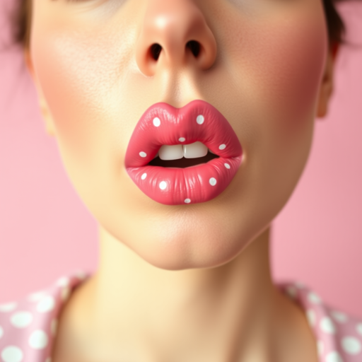 Whimsical pastel pink lips with a matte finish, adorned with delicate white polka dots, creating a playful and feminine look in a retro-inspired portrait