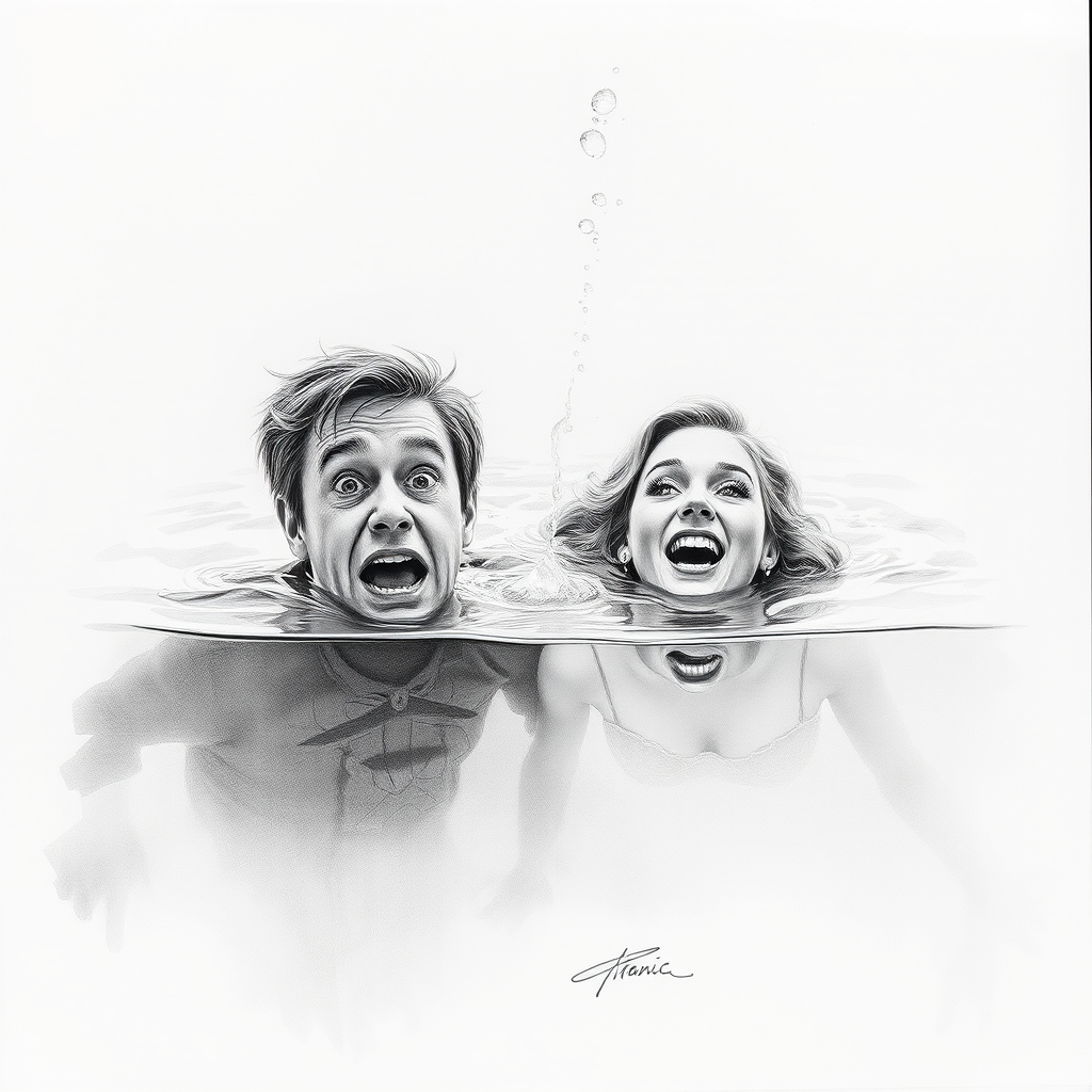 A hyperdetailed photorealistic black and white pencil sketch recreating the iconic scene at the end of Titanic with Jack and Rose floating in the water, only show them making exaggerated funny faces at the camera. Show Rose spitting water at the camera.