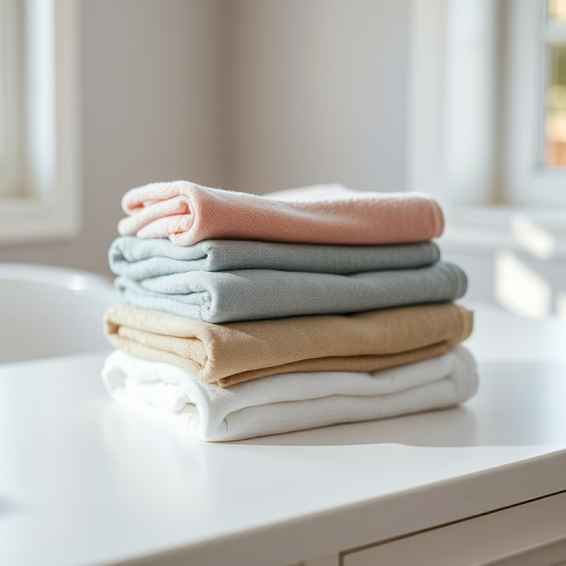 Stack of neatly arranged towels in soft, muted colors on a white surface, natural light coming from a window, shallow depth of field, ISO 200, f/2.8, 50mm lens, DSLR camera.