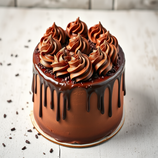 Create an image of a round chocolate cake decorated with swirls of chocolate frosting on top and chocolate ganache drizzling down the sides. The cake should have a smooth, rich chocolate exterior and be adorned with chocolate sprinkles. The background should be simple and rustic to emphasize the cake.