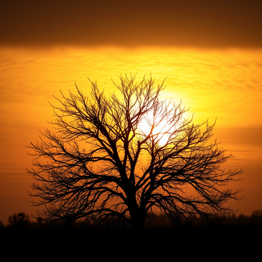 capture a barren tree silhouette against a textured golden sky at sunset, using a DSLR camera with a 50mm lens, aperture f/2.8, ISO 100, high dynamic range, and a soft focus effect to enhance the dreamy quality of the image