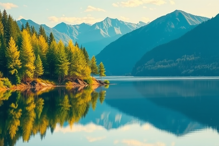 create a serene landscape illustration featuring vibrant green trees and blue mountains reflected in calm water, shot with a Canon EOS R5 at f/8, ISO 100, 50mm lens, aerial view, in a minimalist art style, soft pastel colors