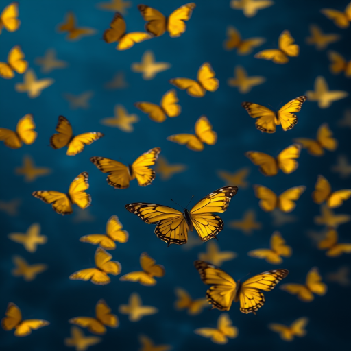 Create an image of golden butterflies scattered against a deep blue background, using a DSLR camera with a 50mm lens, aperture set to f/1.8, ISO 200, and a depth of field to enhance focus on the butterflies while blurring the background network lines, in a high-resolution digital format.