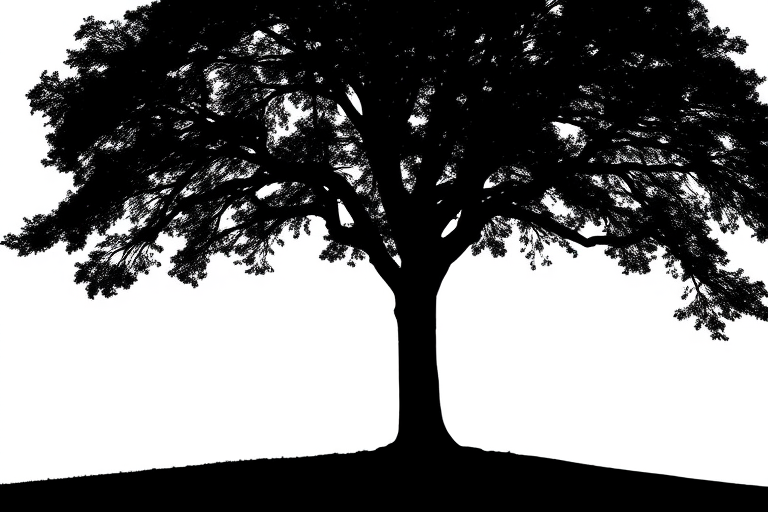 Create a high-contrast black silhouette of a tree on a white background with a Canon EOS 5D Mark IV, f/8 aperture, 1/200 sec shutter speed, ISO 100, shot with a 50mm lens at eye level.