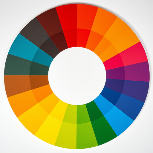 Create a vibrant color wheel with a clean white center, using a high-resolution digital camera set to f/8 aperture, ISO 100, 50mm lens, shot from a top-down view to enhance color clarity and saturation.