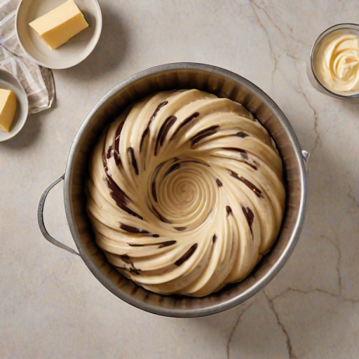 Generate an image of a bundt cake batter in a fluted pan, showing a marbled effect with swirls of chocolate and vanilla. The pan should have a dark, non-stick finish, and the batter should look smooth and creamy, with rich brown and pale yellow hues. The background should be a simple kitchen countertop.