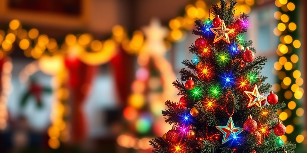 Generate a vibrant, digital illustration of a Christmas tree decorated with colorful stars and lights, set against a blurred festive background, in high resolution, using a DSLR camera at f/2.8 aperture, 50mm lens, and ISO 100 for enhanced clarity and brightness.
